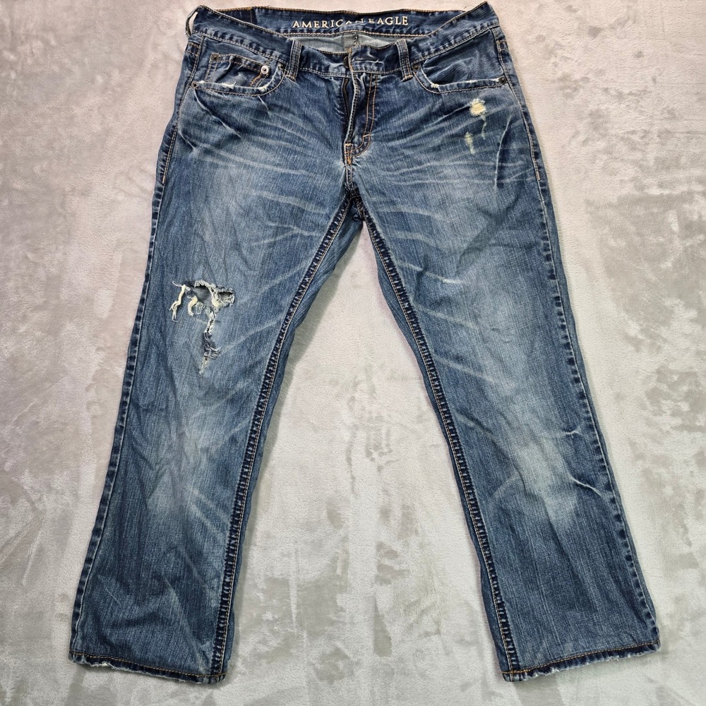American Eagle Mens Low Rise Bootcut Jeans 36x36 Medium Wash Distressed Denim